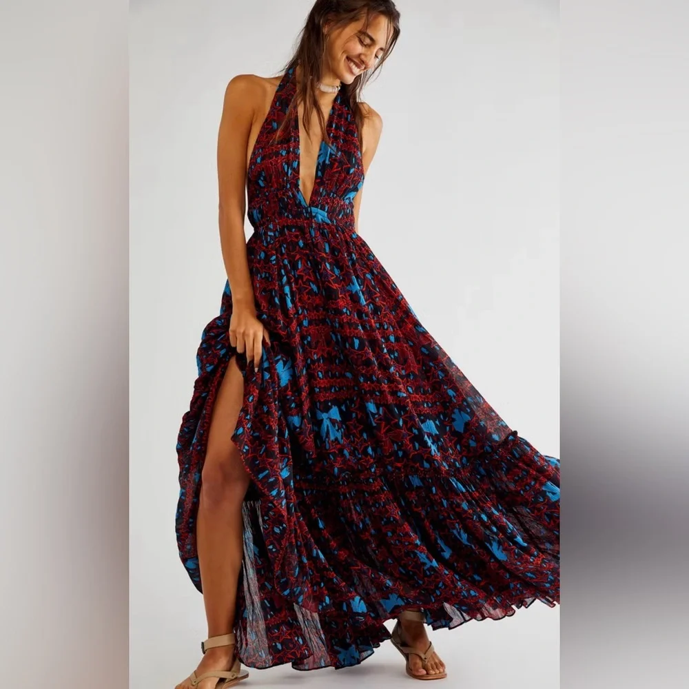 Free People Red and Blue Sleeveless Maxi Dress - Picture 2 of 11